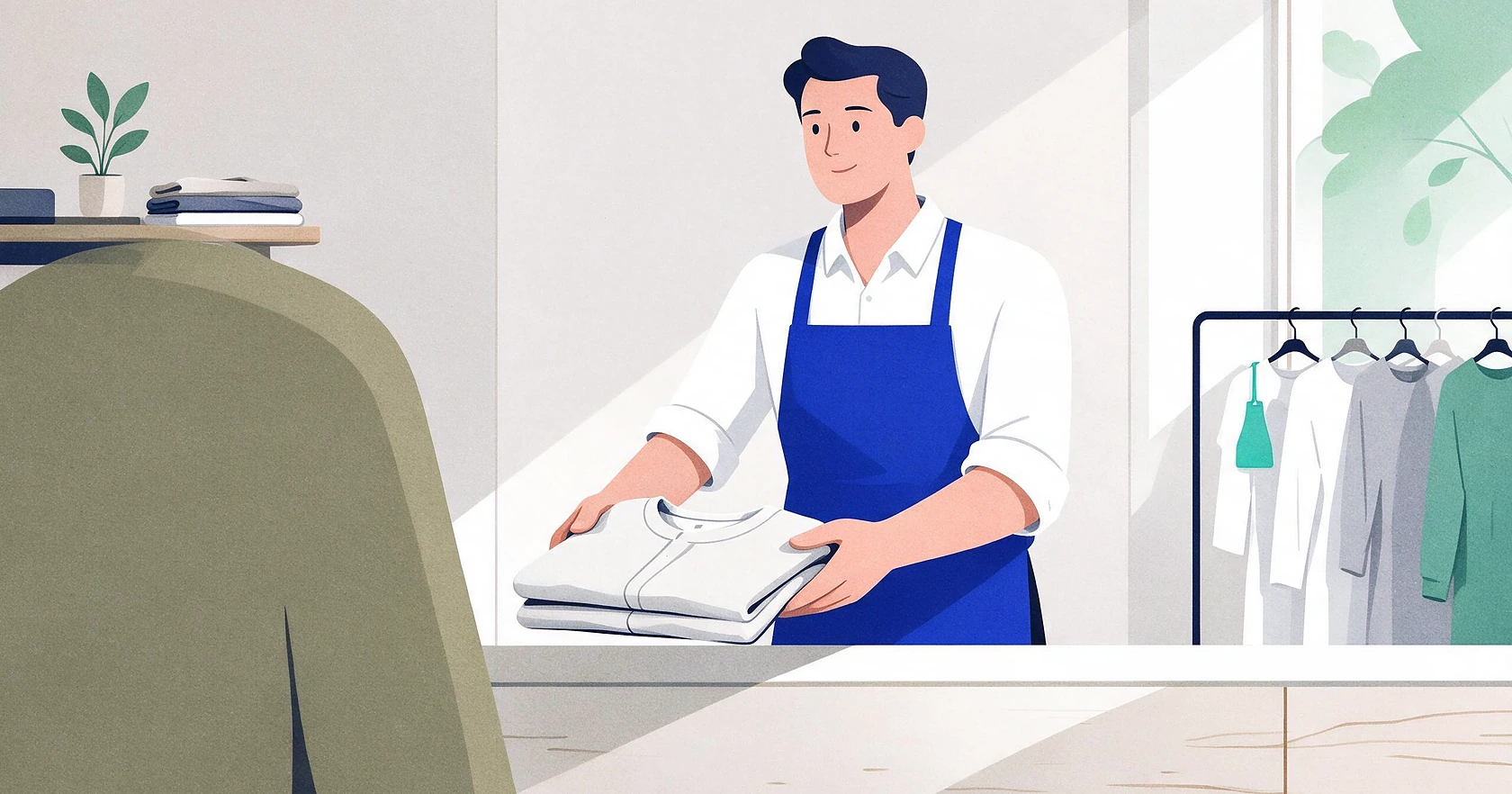 A friendly shop assistant offers a folded garment to a customer at a clean counter.