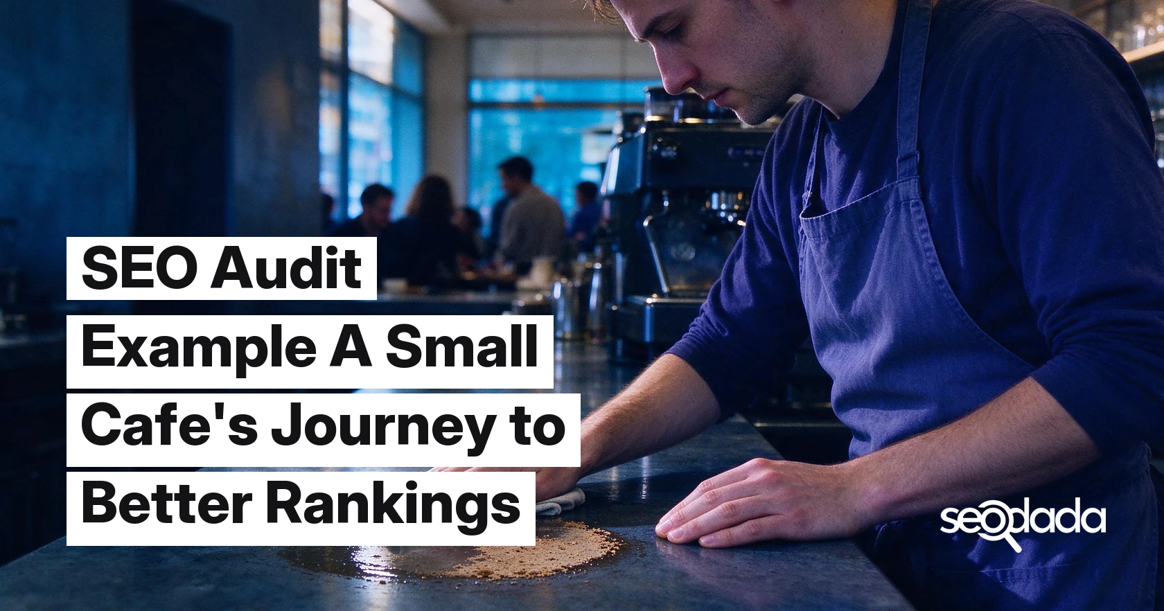 A barista wiping a cafe counter, customers blurred in the background, soft light.