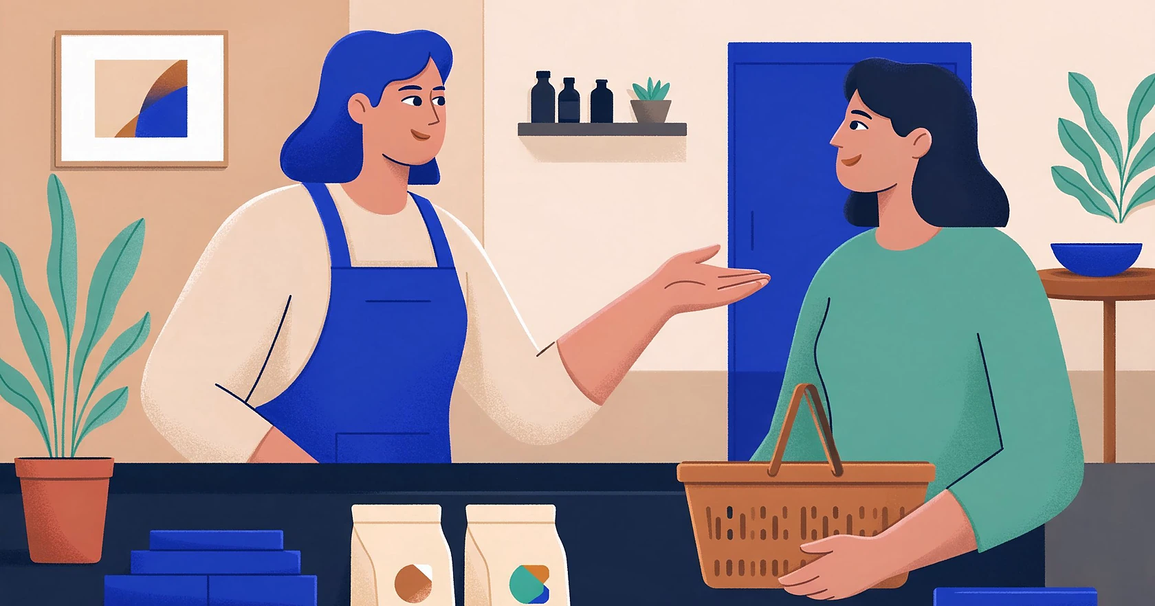 A friendly shop assistant helps a customer at a counter.