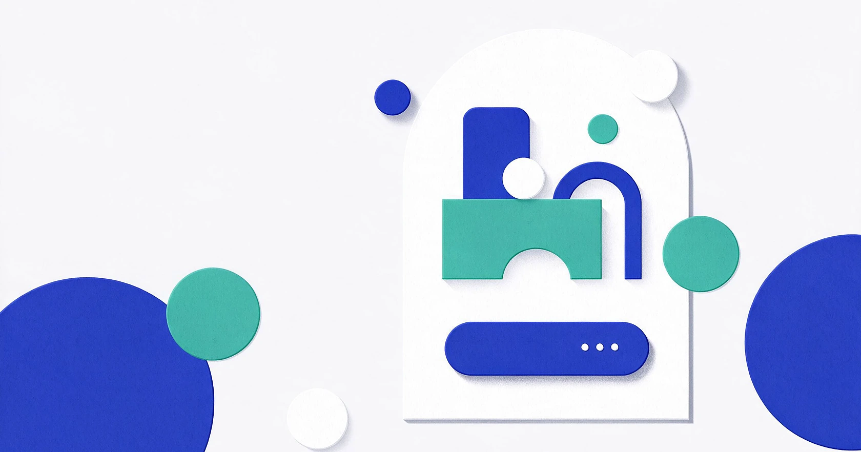 Soft, paper-like shapes in brand colors are arranged on a clean surface.