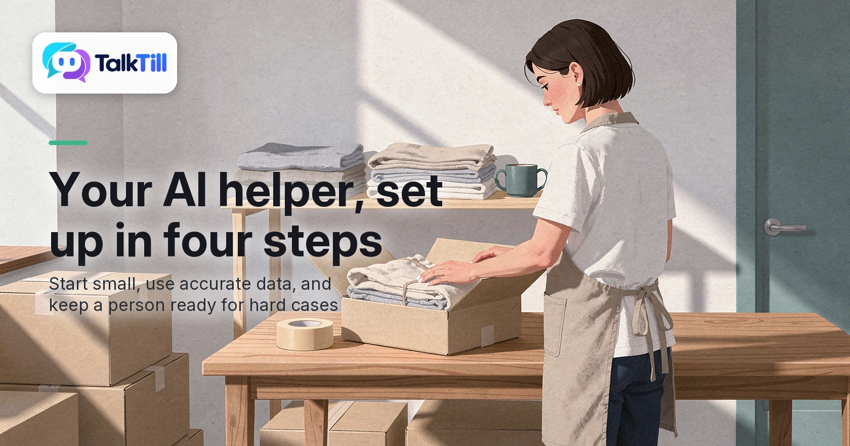 An online shop owner packs a linen order in a tidy home stockroom.